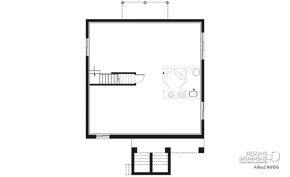 Sous-sol - Plan de plain-pied 2 chambres contemporain, cuisine et salon à l'arrière de la maison, belle fenestration - Aïka
