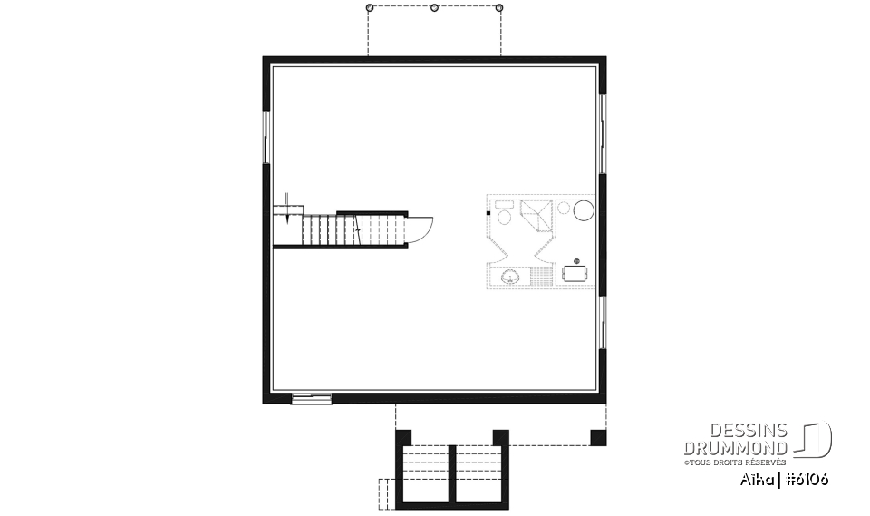 Sous-sol - Plan de plain-pied 2 chambres contemporain, cuisine et salon à l'arrière de la maison, belle fenestration - Aïka