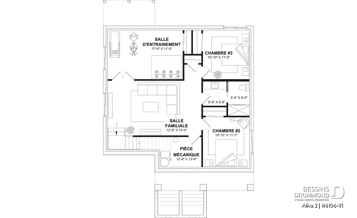 Sous-sol aménagé (Optionel $) - Modèle de maison de plain-pied avec sous-sol aménagé optionnel, 1 à 4 chambre, 2 salons, plafond à 9 pieds - Aika 2