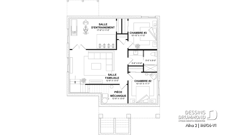 Sous-sol aménagé (Optionel $) - Modèle de maison de plain-pied avec sous-sol aménagé optionnel, 1 à 4 chambre, 2 salons, plafond à 9 pieds - Aika 2