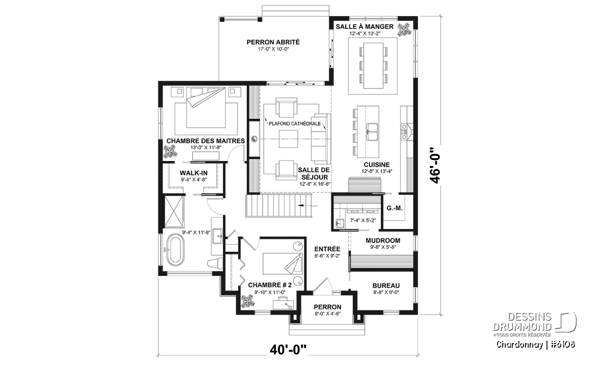 Rez-de-chaussée - Plan de maison scandinave 2 chambres + bureau, garde-manger, terrasse couverte - Chardonnay