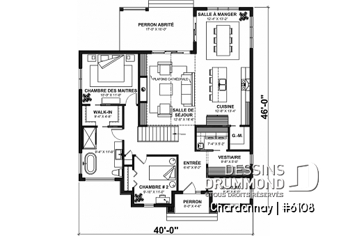 Rez-de-chaussée - Plan de maison scandinave 2 chambres + bureau, garde-manger, terrasse couverte - Chardonnay