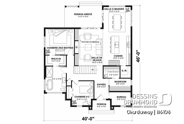 Rez-de-chaussée - Plan de maison scandinave 2 chambres + bureau, garde-manger, terrasse couverte - Chardonnay