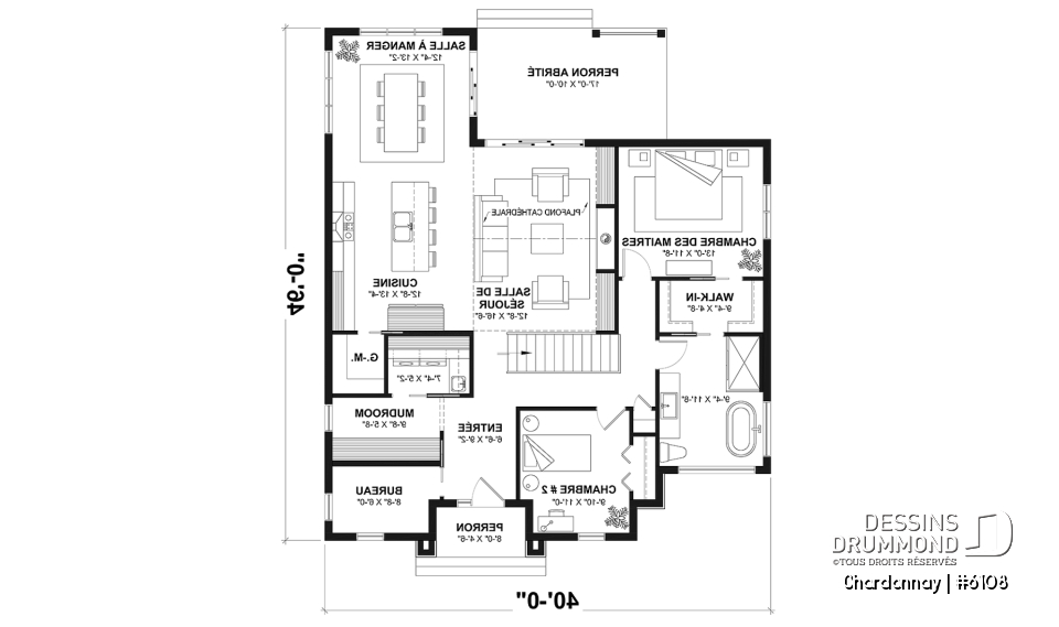 Rez-de-chaussée - Plan de maison scandinave 2 chambres + bureau, garde-manger, terrasse couverte - Chardonnay