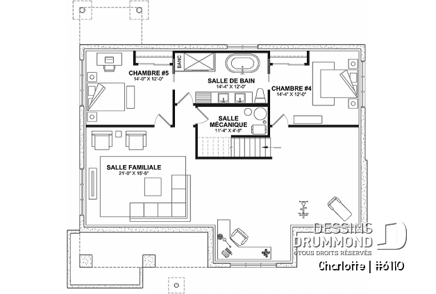 Sous-sol aménagé (Optionel $) du plan de maison unifamiliale 6110 Sous-sol aménagé (Optionel $) - Plain-pied avec 3 chambres au rez-de-chaussée et possible 2 chambres suppl. au sous-sol (optionnel $) - Charlotte