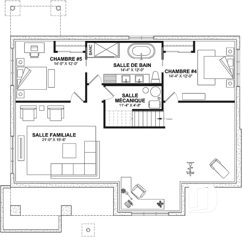 Sous-sol aménagé (Optionel $) - Plain-pied avec 3 chambres au rez-de-chaussée et possible 2 chambres suppl. au sous-sol (optionnel $) - Charlotte