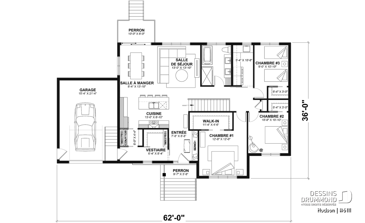 Rez-de-chaussée - Modèle de la collection Maibec X Dessins Drummond proposant 3 chambres, vestiaire, garage - Hudson