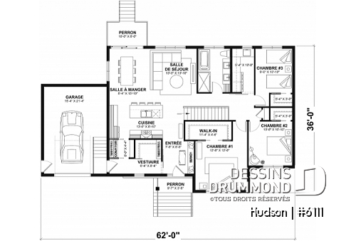 Rez-de-chaussée - Plan de la collection Maibec X Dessins Drummond proposant 3 chambres, vestiaire, garage - Hudson