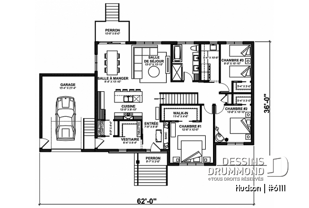 Rez-de-chaussée - Plan de la collection Maibec X Dessins Drummond proposant 3 chambres, vestiaire, garage - Hudson