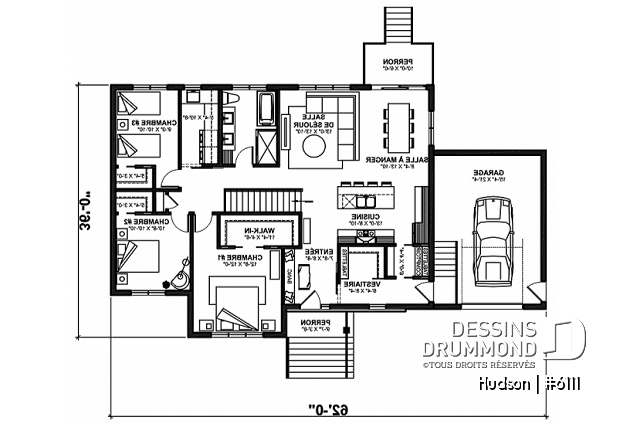 Rez-de-chaussée - Plan de la collection Maibec X Dessins Drummond proposant 3 chambres, vestiaire, garage - Hudson