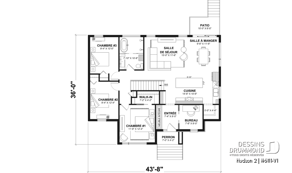 Rez-de-chaussée - Plan de maison plain-pied, 3 chambres au rez-de-chaussée et sous-sol aménageable jusqu’à 5 chambres - Hudson 2