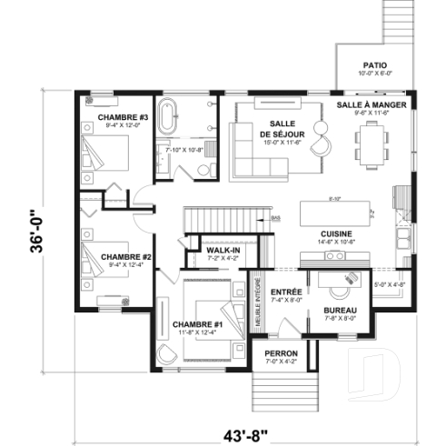 Rez-de-chaussée - Plan de maison plain-pied, 3 chambres au rez-de-chaussée et sous-sol aménageable jusqu’à 5 chambres - Hudson 2