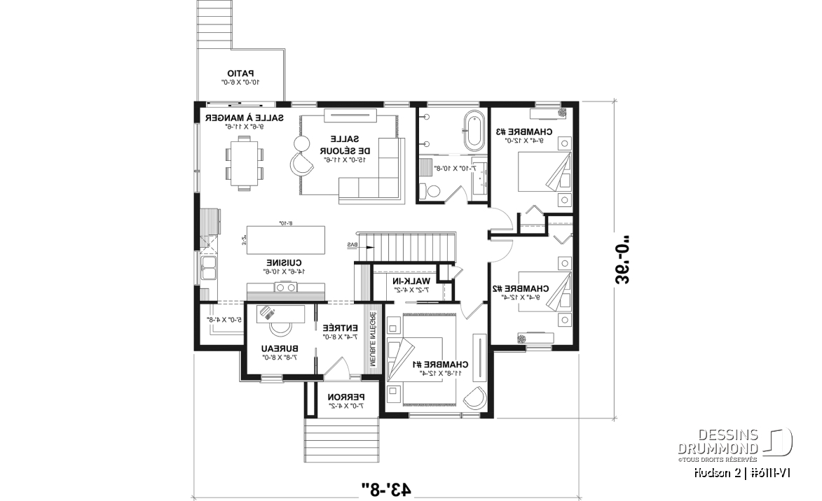 Rez-de-chaussée - Plan de maison plain-pied, 3 chambres au rez-de-chaussée et sous-sol aménageable jusqu’à 5 chambres - Hudson 2