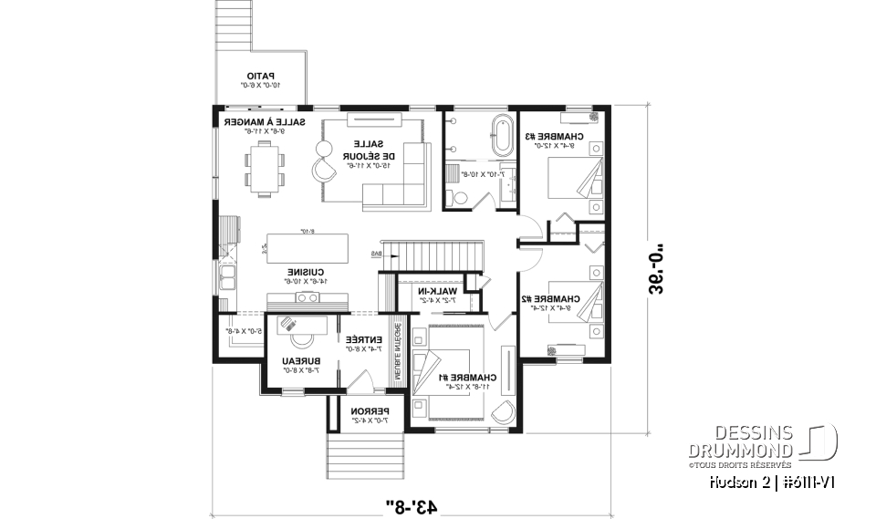 Rez-de-chaussée - Plan de maison plain-pied, 3 chambres au rez-de-chaussée et sous-sol aménageable jusqu’à 5 chambres - Hudson 2