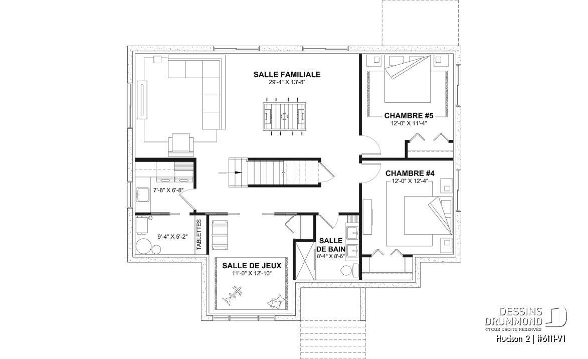 Sous-sol aménagé (Optionel $) - Plan de maison plain-pied, 3 chambres au rez-de-chaussée et sous-sol aménageable jusqu’à 5 chambres - Hudson 2