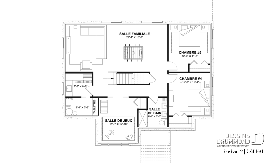 Sous-sol aménagé (Optionel $) - Plan de maison plain-pied, 3 chambres au rez-de-chaussée et sous-sol aménageable jusqu’à 5 chambres - Hudson 2