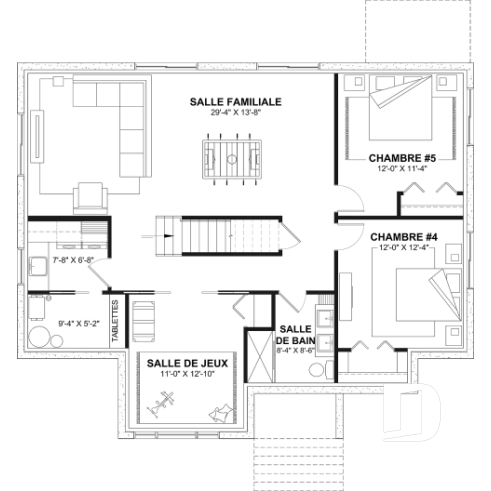Sous-sol aménagé (Optionel $) - Plan de maison plain-pied, 3 chambres au rez-de-chaussée et sous-sol aménageable jusqu’à 5 chambres - Hudson 2