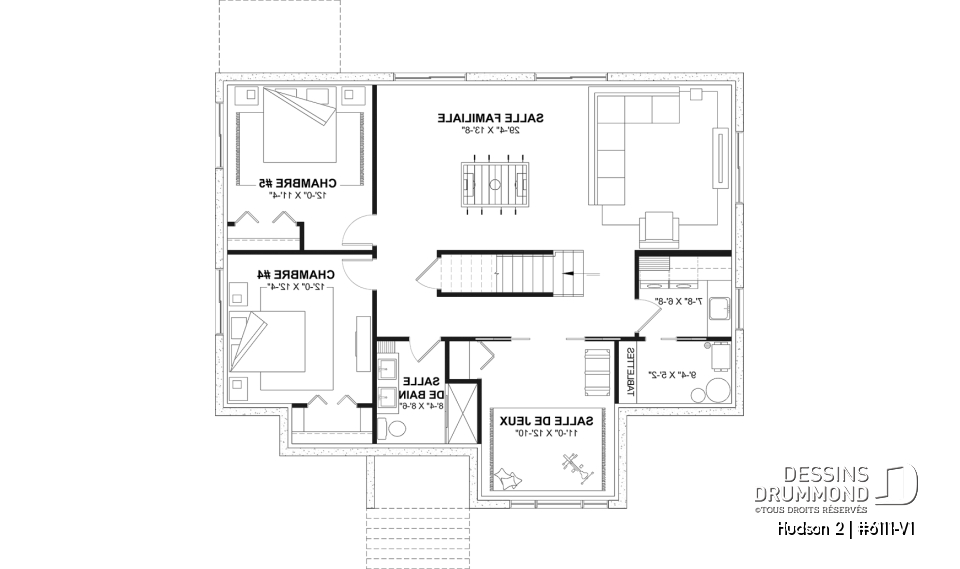 Sous-sol aménagé (Optionel $) - Plan de maison plain-pied, 3 chambres au rez-de-chaussée et sous-sol aménageable jusqu’à 5 chambres - Hudson 2