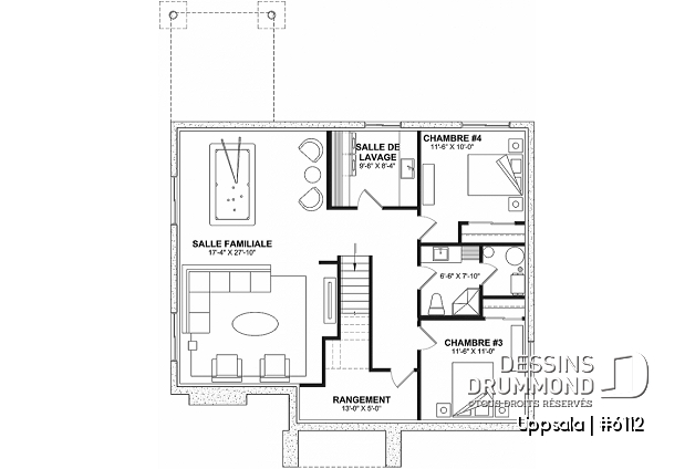 Sous-sol aménagé (Optionel $) du plan de maison unifamiliale 6112 Sous-sol aménagé (Optionel $) - Maison d'inspiration scandinave de 2 à 4 chambres, vestiaire, garde-manger, sous-sol aménagé (optionnel $) - Uppsala