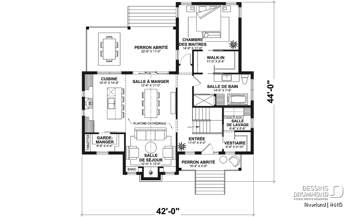 Rez-de-chaussée - Plan de maison de style campagne avec terrasses couvertes, jusqu’à 3 chambres et grand espace de vie convivial - Riverland