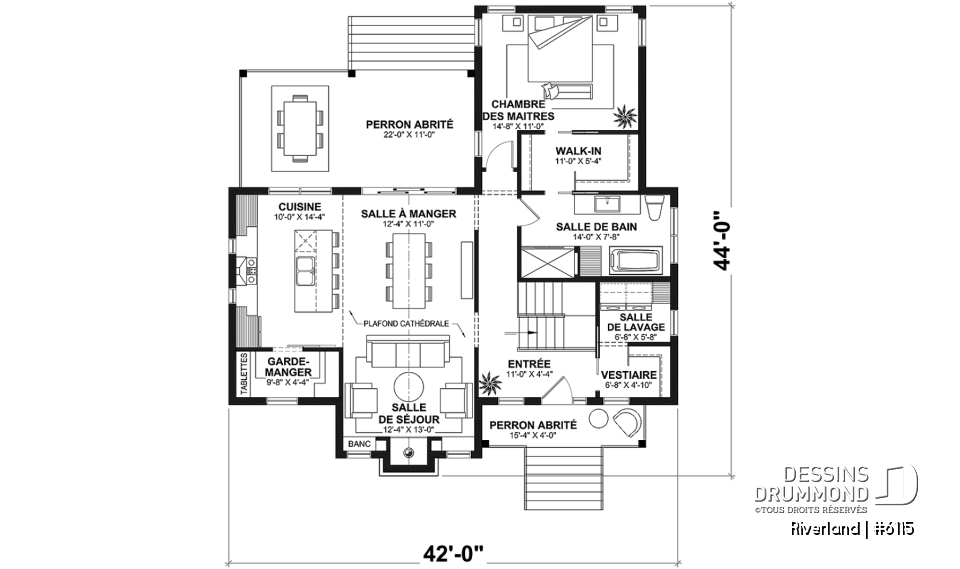 Rez-de-chaussée - Plan de maison de style campagne avec terrasses couvertes, jusqu’à 3 chambres et grand espace de vie convivial - Riverland