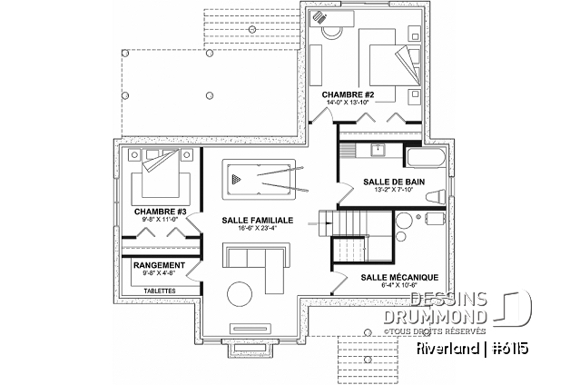 Sous-sol aménagé (Optionel $) - Plan de maison de style campagne avec terrasses couvertes, jusqu’à 3 chambres et grand espace de vie convivial - Riverland