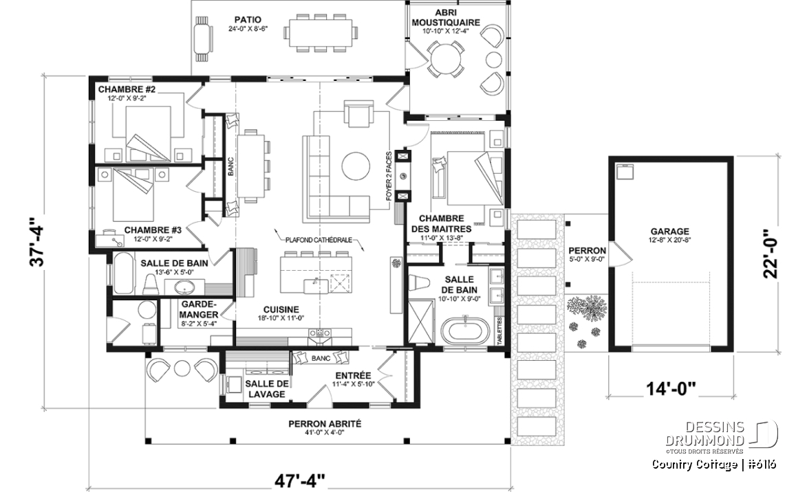 Rez-de-chaussée - Plan de maison champêtre sur dalle, plain-pied de 3 chambres, abri moustiquaire - Country Cottage