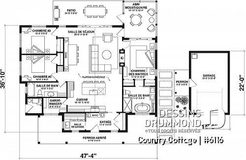 Rez-de-chaussée - Plan de maison champêtre sur dalle, plain-pied de 3 chambres, abri moustiquaire - Country Cottage