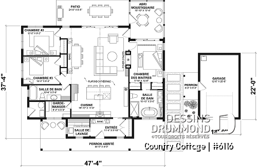 Rez-de-chaussée - Plan de maison champêtre sur dalle, plain-pied de 3 chambres, abri moustiquaire - Country Cottage