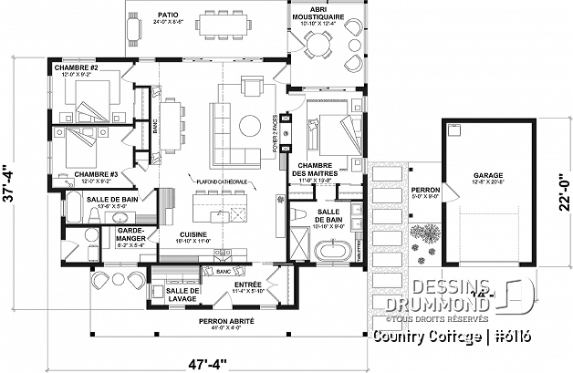 Rez-de-chaussée - Plan de maison champêtre sur dalle, plain-pied de 3 chambres, abri moustiquaire - Country Cottage