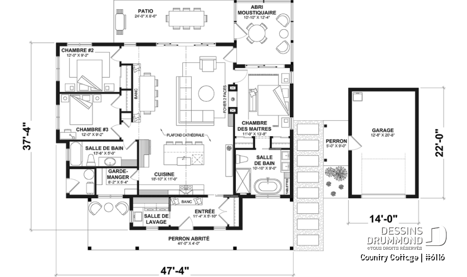Rez-de-chaussée - Plan de maison champêtre sur dalle, plain-pied de 3 chambres, abri moustiquaire - Country Cottage