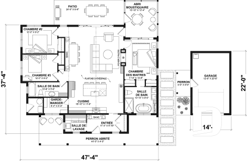 Rez-de-chaussée - Plan de maison champêtre sur dalle, plain-pied de 3 chambres, abri moustiquaire - Country Cottage