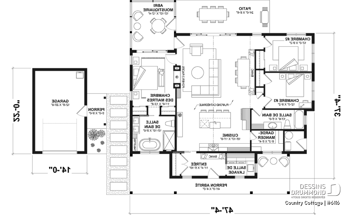 Rez-de-chaussée - Plan de maison champêtre sur dalle, plain-pied de 3 chambres, abri moustiquaire - Country Cottage