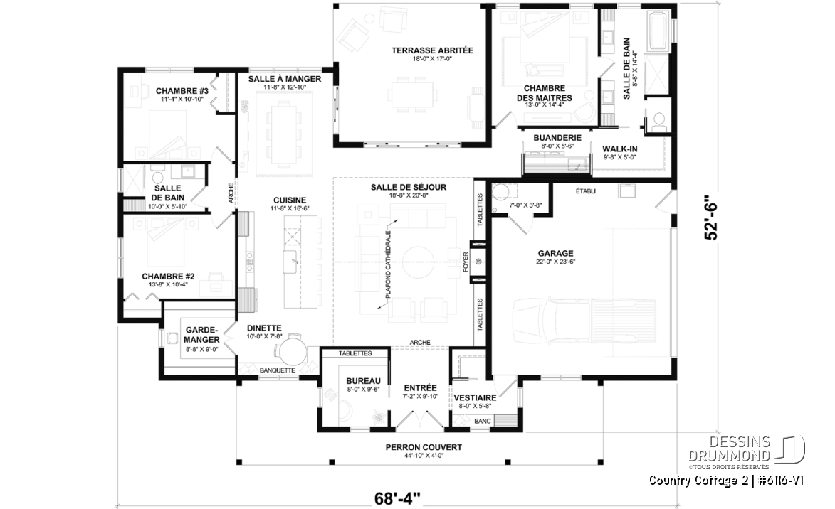 Rez-de-chaussée - Modèle de maison Farmhouse plain-pied au Québec – 3 chambres, foyer et grand garage double - Country Cottage 2
