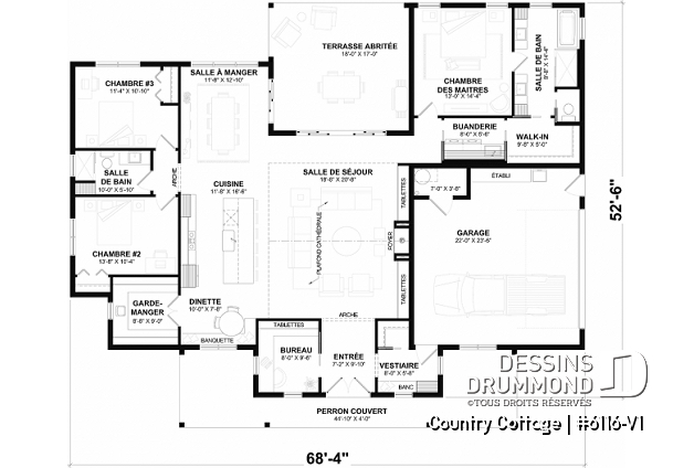 Rez-de-chaussée - Modèle de maison Farmhouse plain-pied au Québec – 3 chambres, foyer et grand garage double - Country Cottage 2