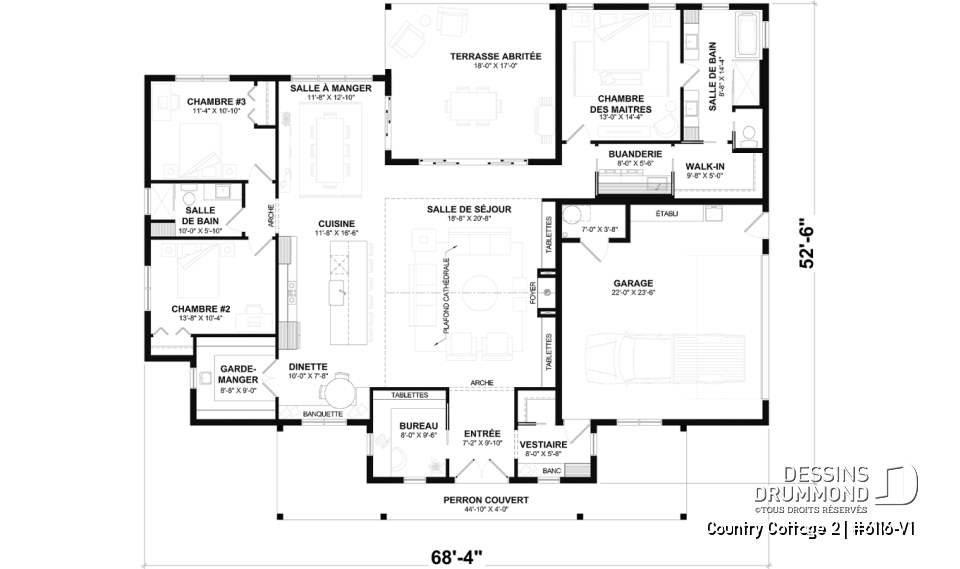 Rez-de-chaussée - Modèle de maison Farmhouse plain-pied au Québec – 3 chambres, foyer et grand garage double - Country Cottage 2