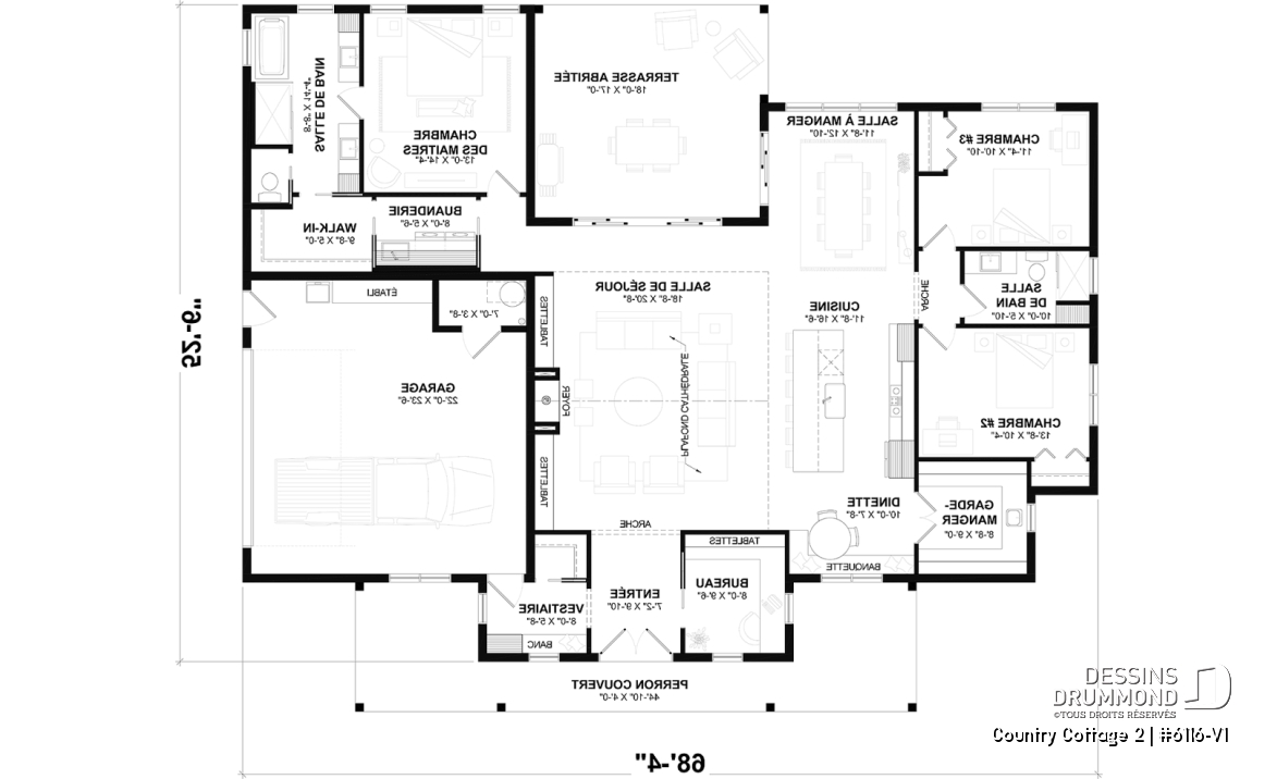 Rez-de-chaussée - Modèle de maison Farmhouse plain-pied au Québec – 3 chambres, foyer et grand garage double - Country Cottage 2