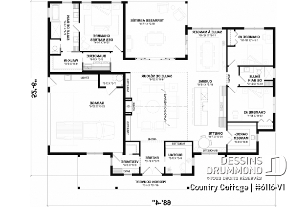 Rez-de-chaussée - Modèle de maison Farmhouse plain-pied au Québec – 3 chambres, foyer et grand garage double - Country Cottage 2