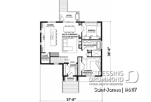 Rez-de-chaussée - Plan de plain-pied farmhouse moderne 3 chambres, bureau et 2 salons - Saint-James