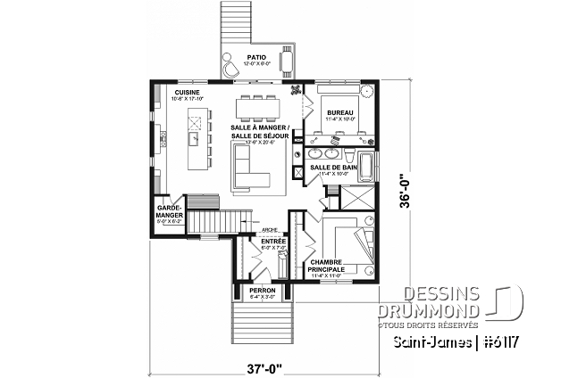 Rez-de-chaussée - Plan de plain-pied farmhouse moderne 3 chambres, bureau et 2 salons - Saint-James