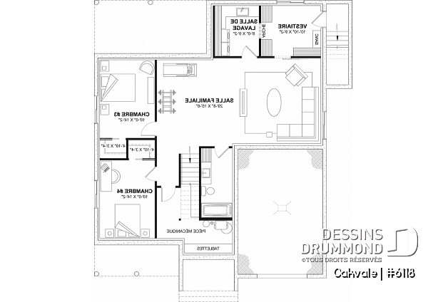 Sous-sol aménagé (Optionel $) du plan de maison unifamiliale 6118 Sous-sol aménagé (Optionel $) - Modèle de maison champêtre de 2 à 4 chambres, sous-sol aménagé optionnel ($), garage, aire ouverte - Oakvale