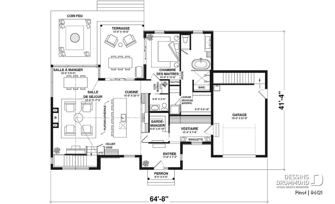 Rez-de-chaussée - Plan de maison scandinave à aire ouverte avec garage, 1 to 4 chambres et sous-sol optionnel ! - Pinot