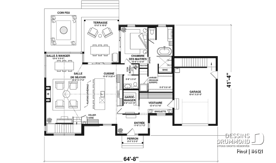Rez-de-chaussée - Plan de maison scandinave à aire ouverte avec garage, 1 to 4 chambres et sous-sol optionnel ! - Pinot