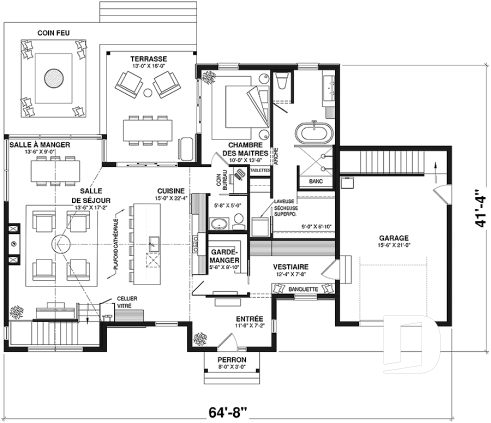 Rez-de-chaussée - Plan de maison scandinave à aire ouverte avec garage, 1 to 4 chambres et sous-sol optionnel ! - Pinot