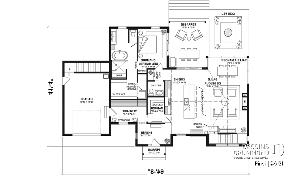 Rez-de-chaussée - Plan de maison scandinave à aire ouverte avec garage, 1 to 4 chambres et sous-sol optionnel ! - Pinot