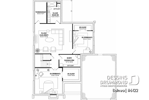 Sous-sol aménagé (Optionel $) du plan de maison unifamiliale 6122 Sous-sol aménagé (Optionel $) - Plan de maison scandinave, superbe suite parentale, foyer central, grande luminosité et sous-sol aménagé - Balnea
