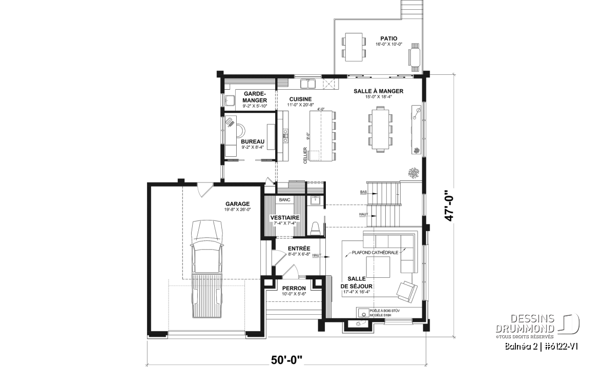 Rez-de-chaussée - Plan de maison moderne à étage avec superbe suite parentale, plafond cathédrale et poêle à bois STÛV - Balnéa 2
