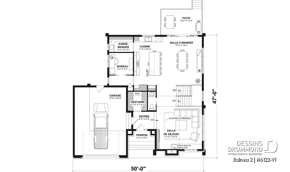 Rez-de-chaussée - Plan de maison moderne à étage avec superbe suite parentale, plafond cathédrale et poêle à bois STÛV - Balnéa 2