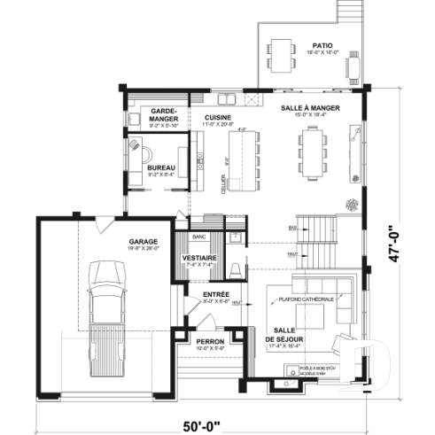 Rez-de-chaussée - Plan de maison moderne à étage avec superbe suite parentale, plafond cathédrale et poêle à bois STÛV - Balnéa 2