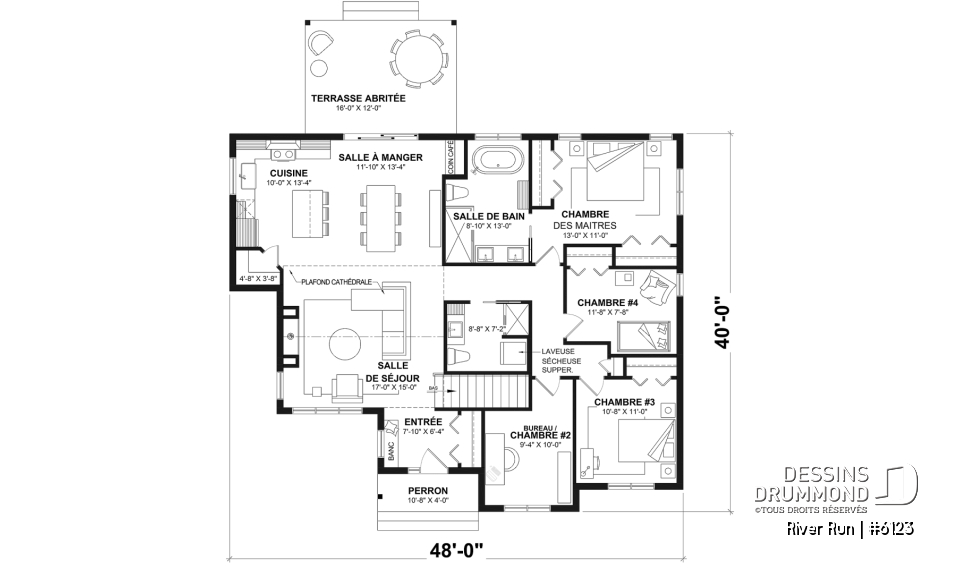 Rez-de-chaussée - Fondation sous-sol (Optionel $) - Modèle de maison plain-pied 4 chambres au rez-de-chaussée, 2 salles de bain et terrasse abritée - River Run